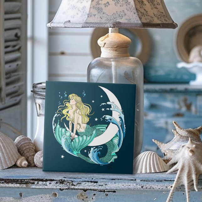 Azulejo Sirena Rubia Art Deco Fantasía Luna Creciente (Subido por el creador)