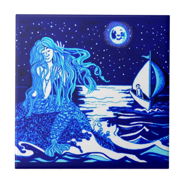 Azulejo Sirena y marinero, noche a la luz de la luna (Frente)