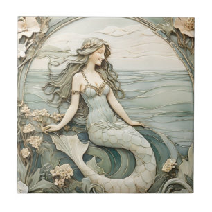 Azulejo Sirenita Art Nouveau Faux Relief Mint R Ocean Sea