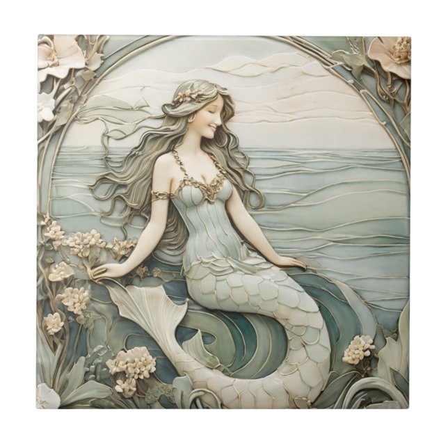 Azulejo Sirenita Art Nouveau Faux Relief Mint R Ocean Sea (Frente)