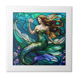 Azulejo Sirenita de vidrio manchado admirando una flor