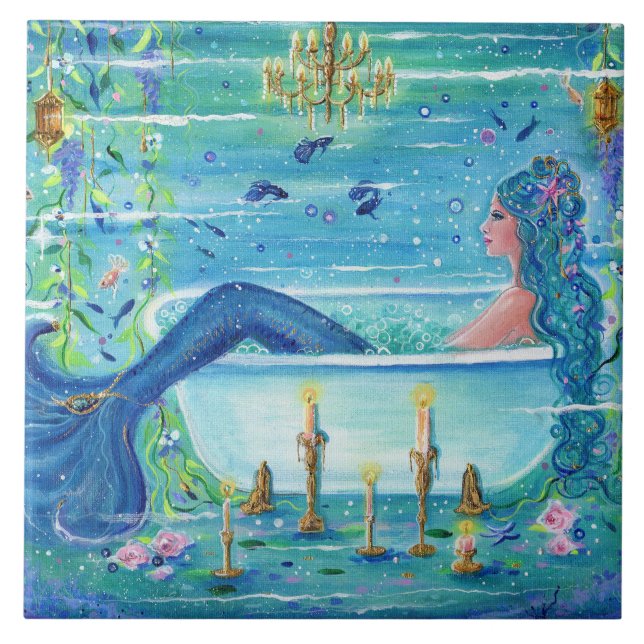Azulejo Sirenita en una bañera de arte de Renee Lavoie (Frente)
