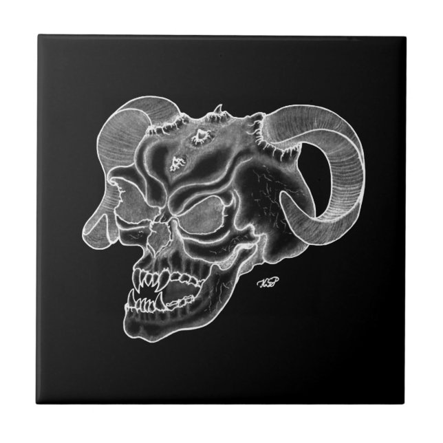 Azulejo Skull Devil Head Diseño en blanco y negro (Frente)