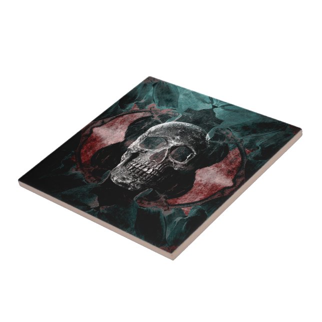 Azulejo Skull Floral gótica Verde azulado negro rojo grues (Lado)