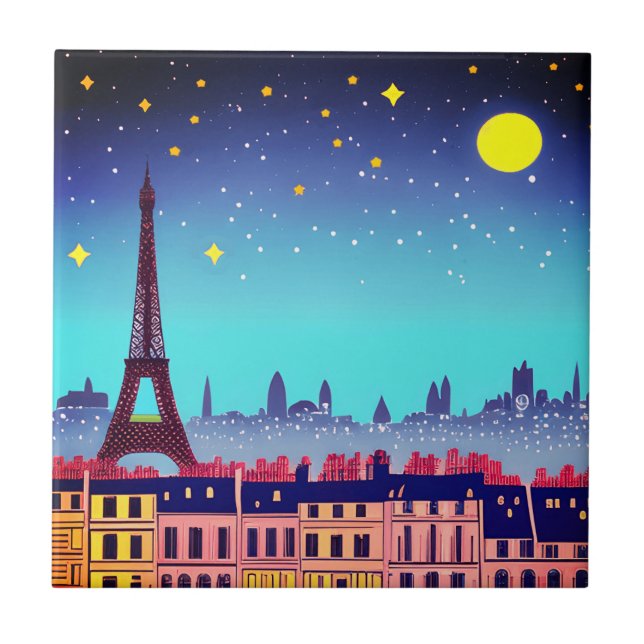 Azulejo Skyline de fantasía de París bajo las estrellas (Frente)
