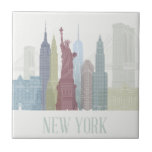 Azulejo Skyline de Nueva York<br><div class="desc">Línea aérea de Nueva York por Fab Funky. Presenta una colección de famosos monumentos de la ciudad de Nueva York en colores apagados.</div>