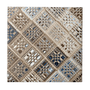 Azulejo Slate Blue Brown Sari Mosaic Pattern Art