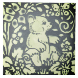 Azulejo Slate Grey Green Bear Cub Floral Woodland Nature