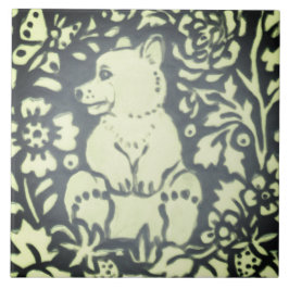 Azulejo Slate Grey Green Bear Cub Floral Woodland Nature