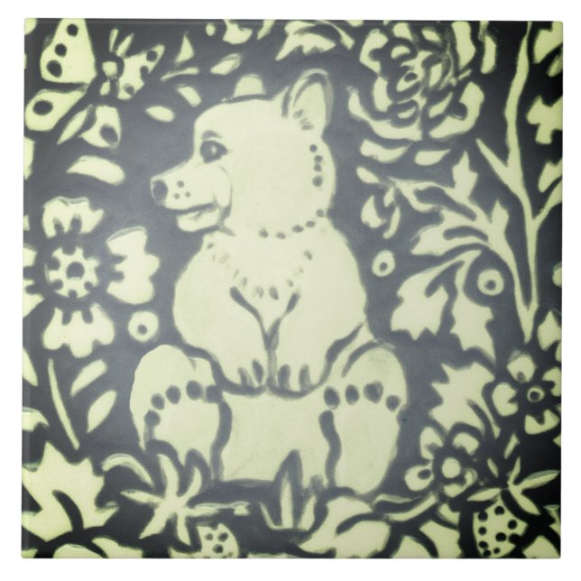 Azulejo Slate Grey Green Bear Cub Floral Woodland Nature (Frente)