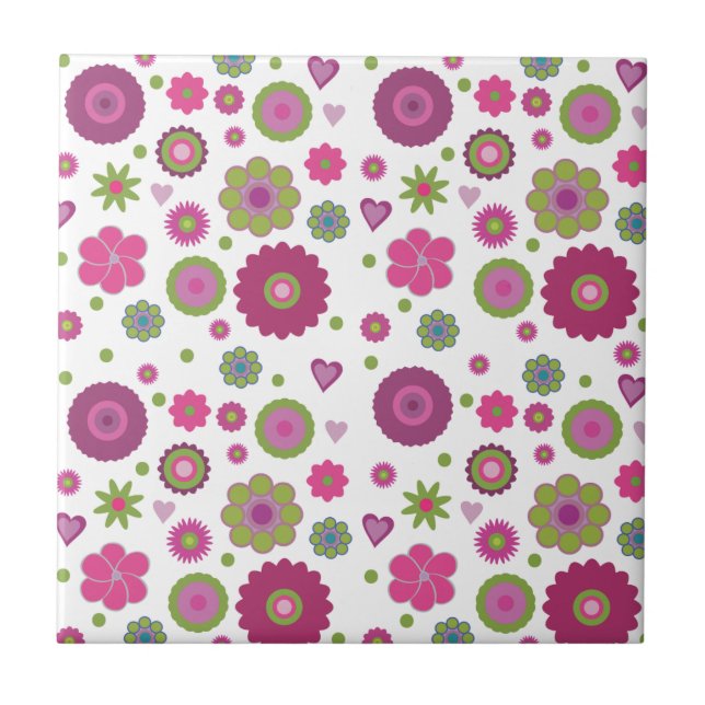 Azulejo Snazzy Purple and Green Flower Pattern on White (Frente)