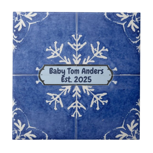 Azulejo Snowflake pattern blue & white holiday custom name (Frente)