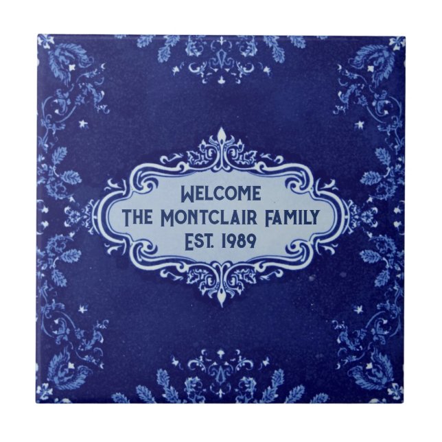 Azulejo Snowflake pattern blue & white holiday custom name (Frente)