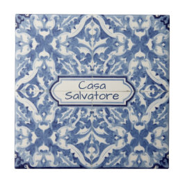 Azulejo Snowflake pattern blue & white holiday custom name