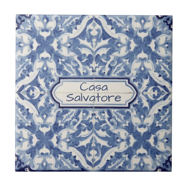 Azulejo Snowflake pattern blue & white holiday custom name (Frente)
