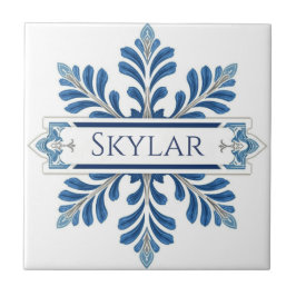 Azulejo Snowflake pattern blue & white holiday custom name