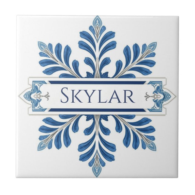 Azulejo Snowflake pattern blue & white holiday custom name (Frente)