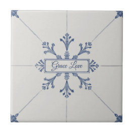 Azulejo Snowflake pattern blue & white holiday custom name