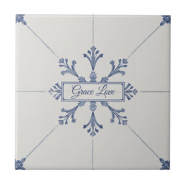 Azulejo Snowflake pattern blue & white holiday custom name (Frente)
