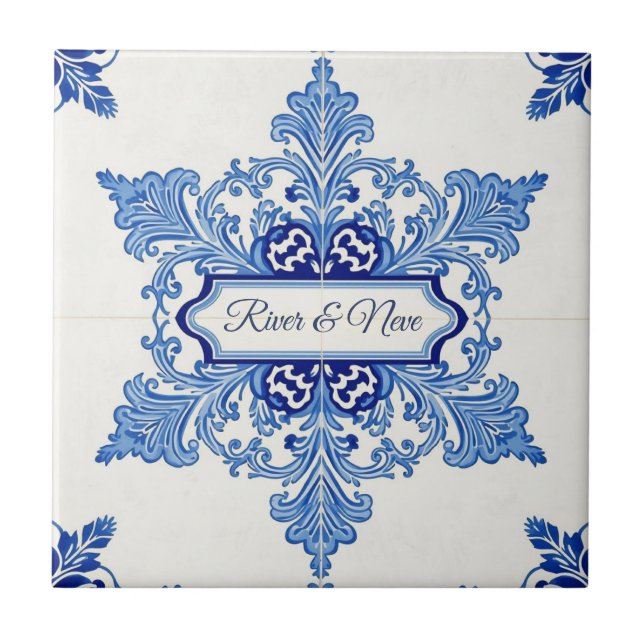 Azulejo Snowflake pattern blue & white holiday custom name (Frente)