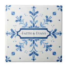 Azulejo Snowflake pattern blue & white holiday custom name