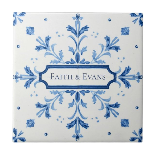 Azulejo Snowflake pattern blue & white holiday custom name (Frente)
