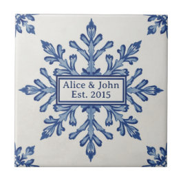 Azulejo Snowflake pattern blue & white holiday custom name