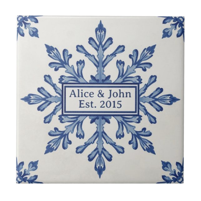 Azulejo Snowflake pattern blue & white holiday custom name (Frente)
