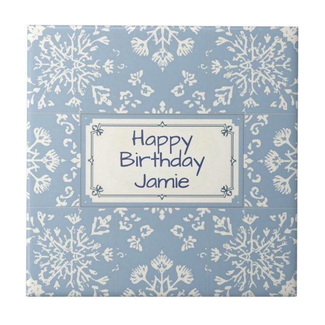 Azulejo Snowflake pattern blue & white holiday custom name (Frente)