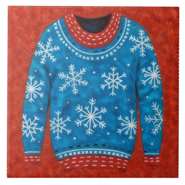 Azulejo Snowflake Red Blue Ugly Sweater Fun Holiday Tile (Frente)
