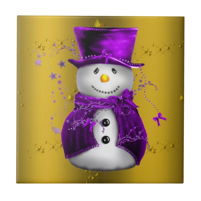 Azulejo Snowman púrpura sobre Navidades de oro (Frente)