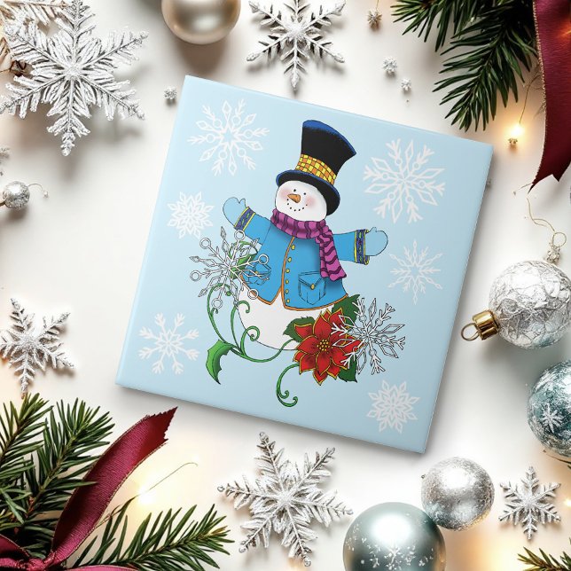 Azulejo Snowman Snowflakes Poinsettia (Subido por el creador)