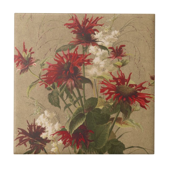 Azulejo Sofisticada Floral Roja y Burgundy sobre Beige (Frente)