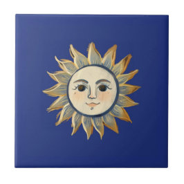 Azulejo Sol Celeste con Cara Dorado y Azul Oscuro
