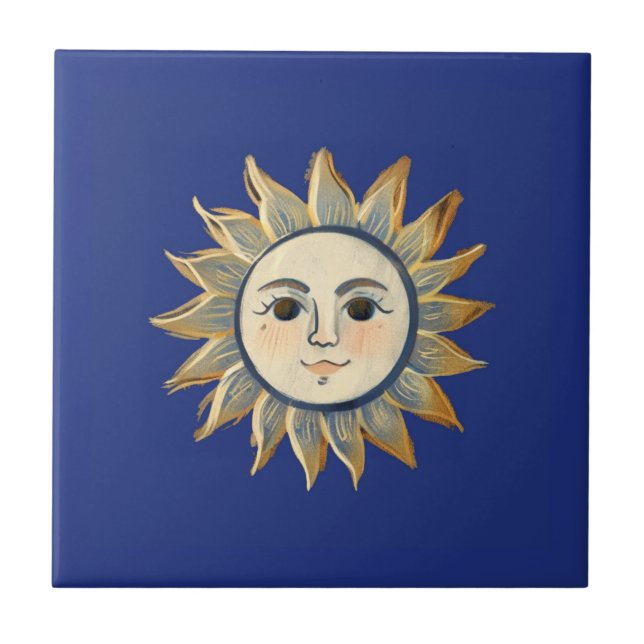 Azulejo Sol Celeste con Cara Dorado y Azul Oscuro (Frente)