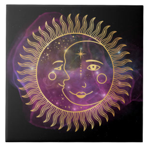 Azulejo Sol celeste púrpura y luna