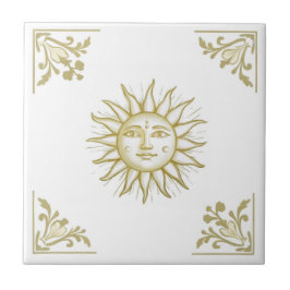 Azulejo Sol Celestial con Cara Estilo Delft Oro y Blanco