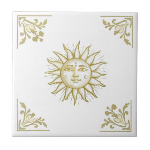 Azulejo Sol Celestial con Cara Estilo Delft Oro y Blanco