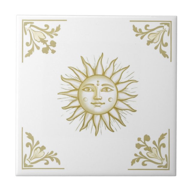 Azulejo Sol Celestial con Cara Estilo Delft Oro y Blanco (Frente)