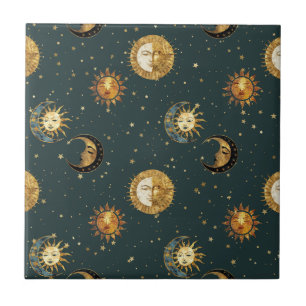 Azulejo Sol Dorado Celestial Luna Estrellas Azul Medianoch