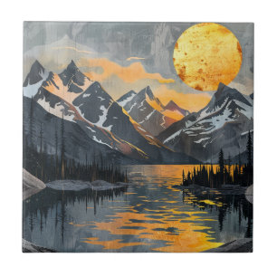 Azulejo Sol Dorado Sobre Montañas Nevadas – Boho Salvaje