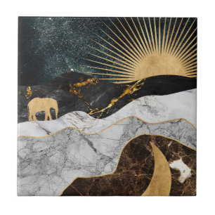 Azulejo Sol Dorado y Luna con Elefante en Mármol Cósmico