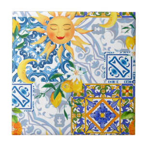 Azulejo Sol mediterráneo, flores, limón, media luna,