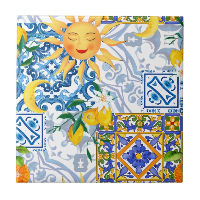 Azulejo Sol mediterráneo, flores, limón, media luna, (Frente)
