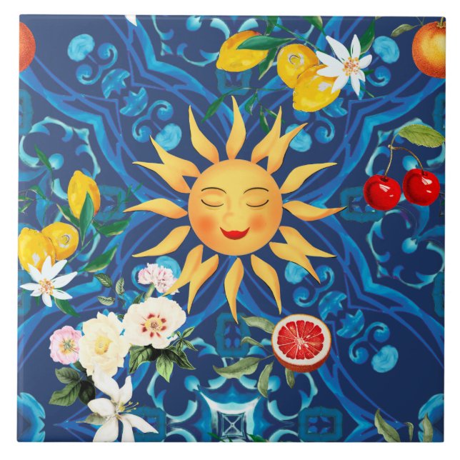 Azulejo Sol mediterráneo, frutas, verano, arte de limón, (Frente)