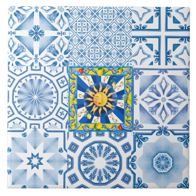 Azulejo Sol siciliano, limón, mosaico, majólica, (Frente)