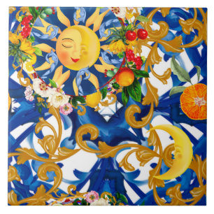 Azulejo Sol siciliano, media luna, verano, majólica, limón
