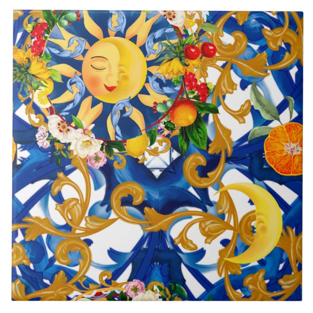 Azulejo Sol siciliano, media luna, verano, majólica, limón (Frente)