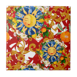 Azulejo Sol siciliano, media luna, verano, majólica, limón