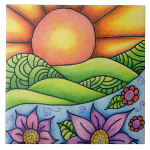 Azulejo Sol Sobre Colinas Corriente y Flores